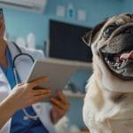 Happy pug at vet clinic with smiling veterinarian holding tablet