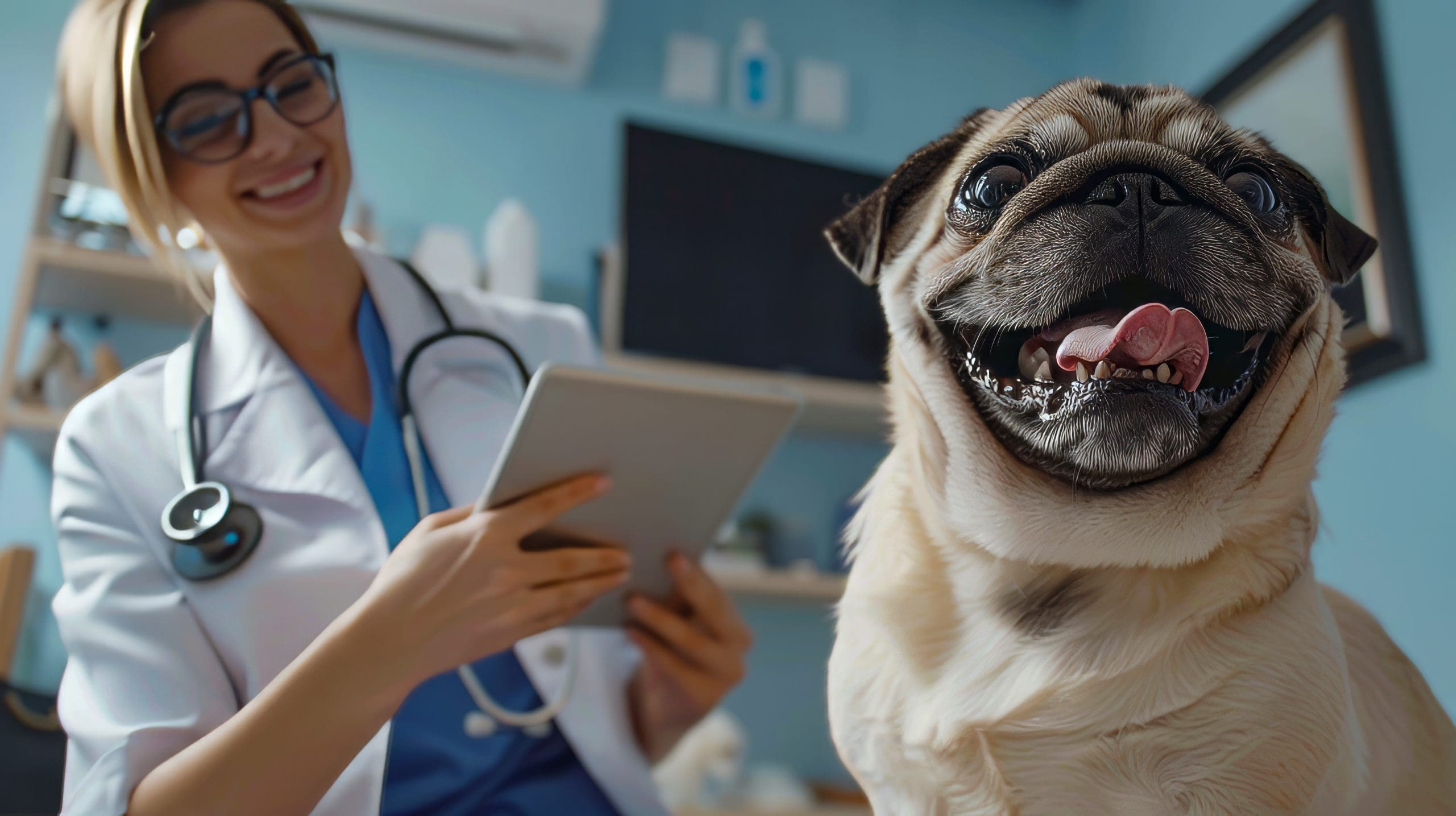 Happy pug at vet clinic with smiling veterinarian holding tablet