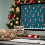 a cat snuggled next to a computer monitor