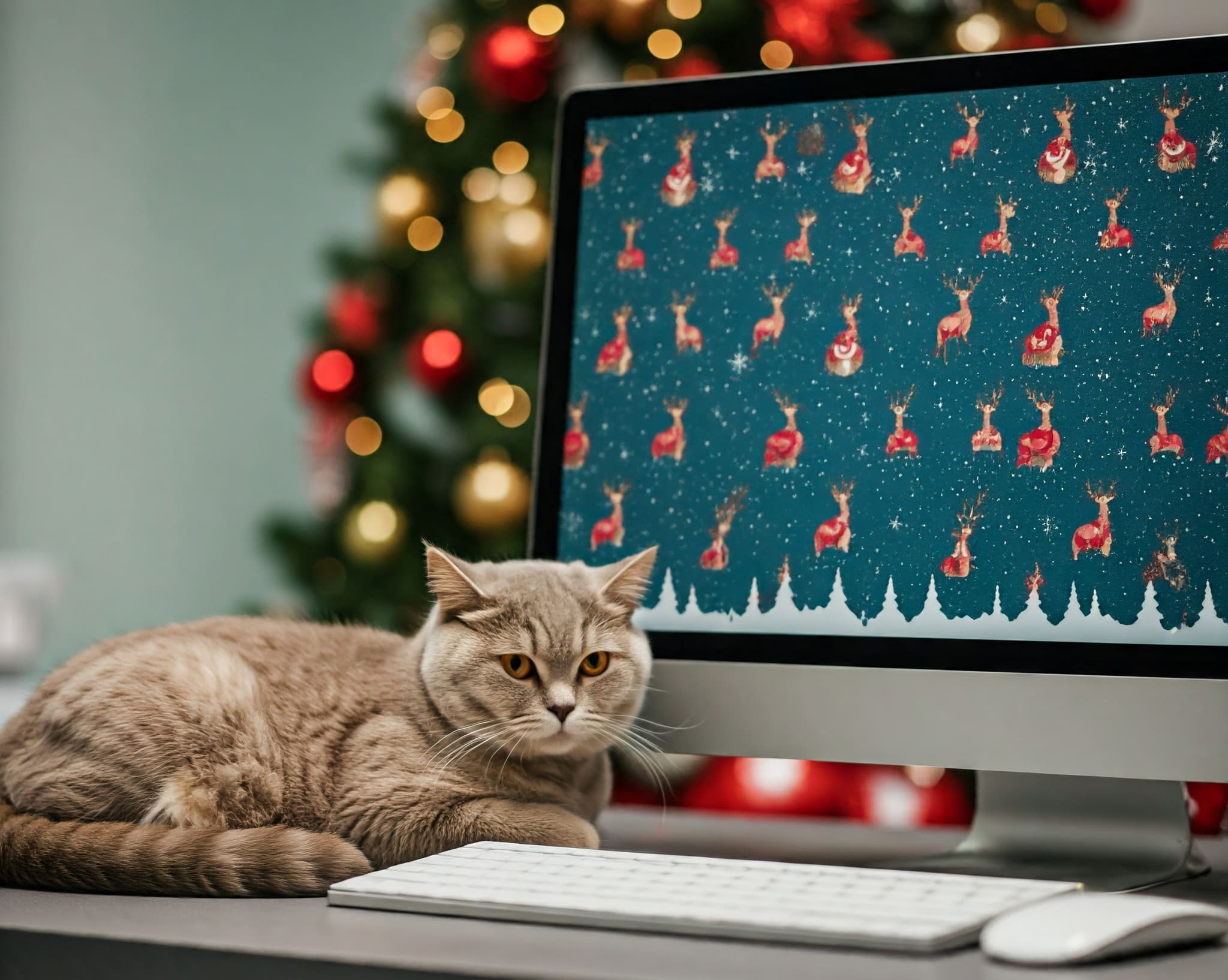 a cat snuggled next to a computer monitor