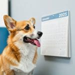 a dog looking at a calendar