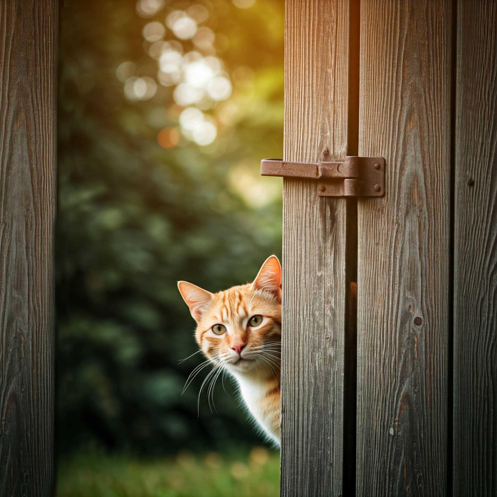 a cat peeking inside from around a door