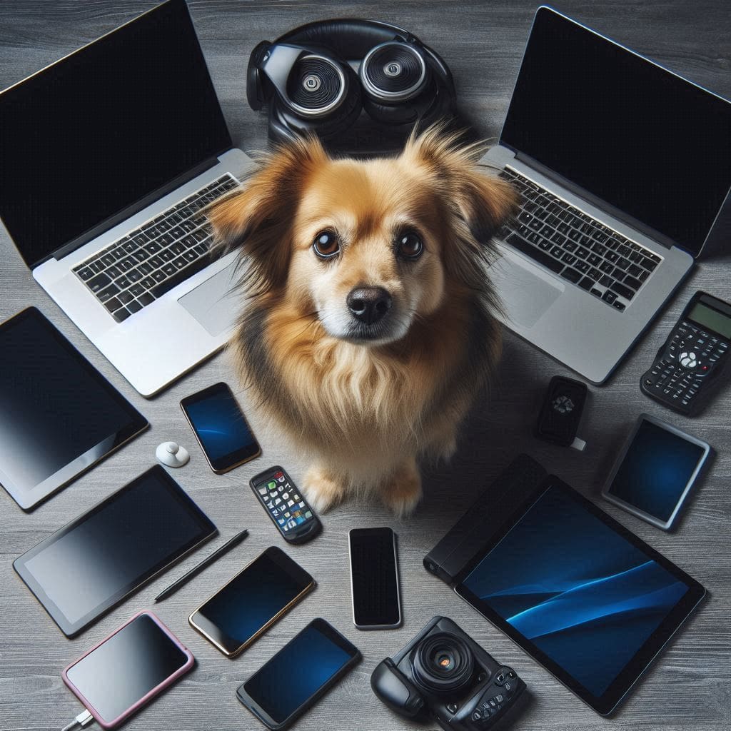 a dog sitting in a pile of computers and mobile devices