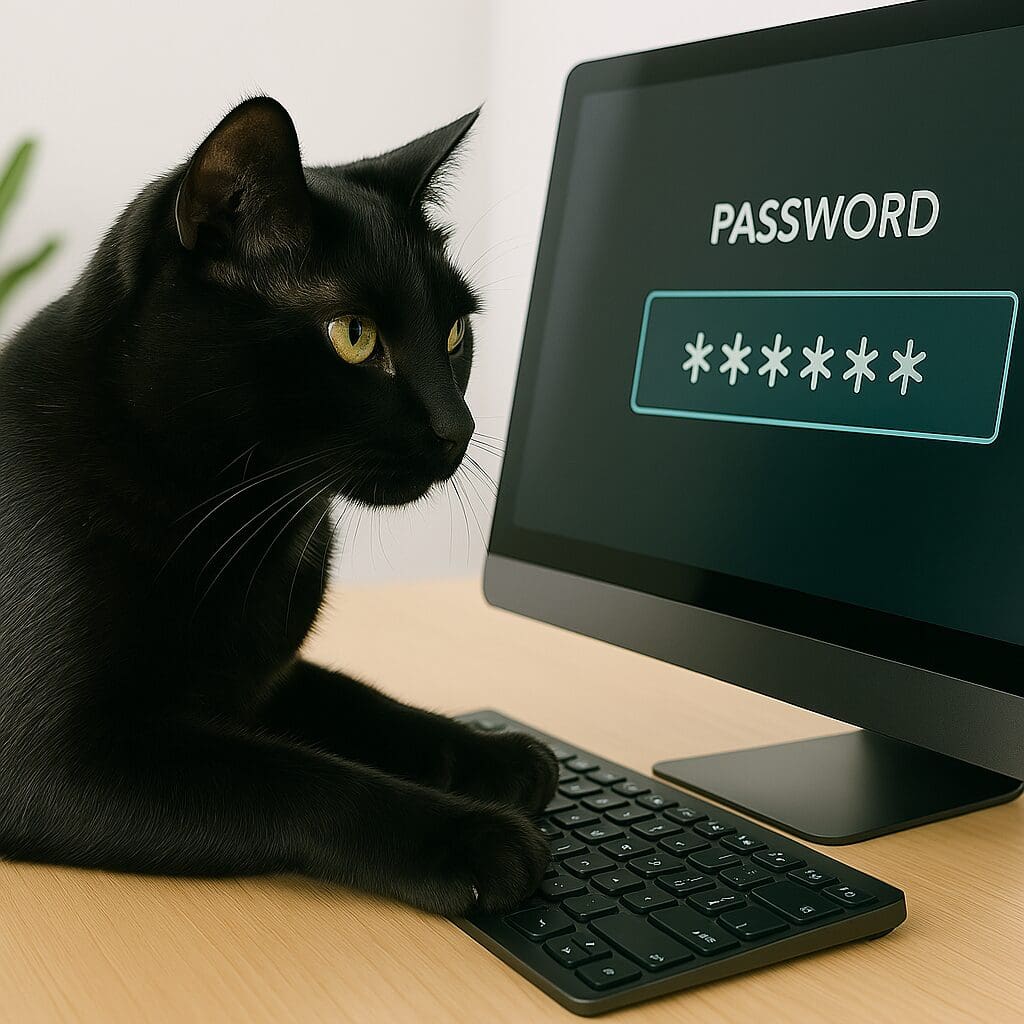 a black cat typing a password on a keyboard
