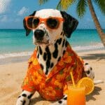 a dalmatian on the beach with shades and a hawaiian shirt