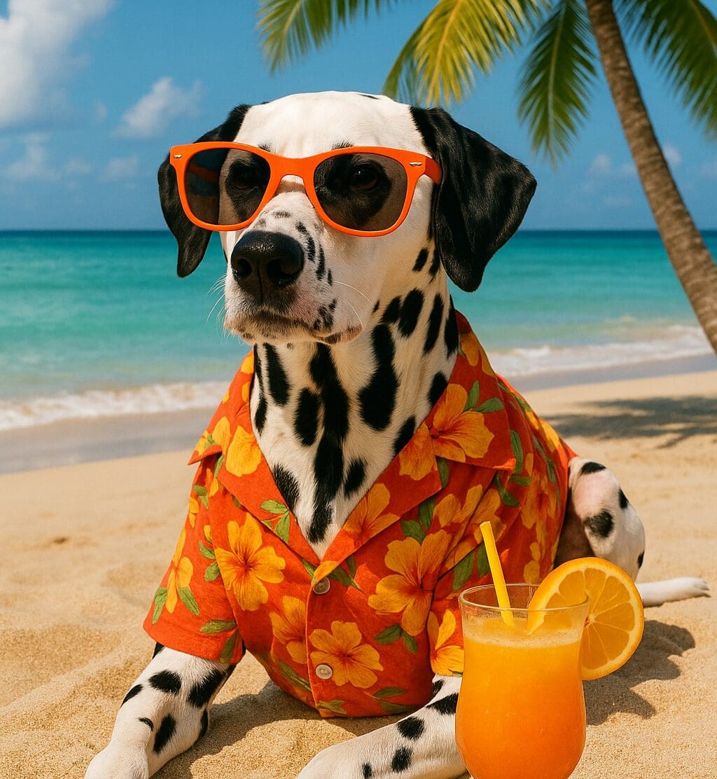 a dalmatian on the beach with shades and a hawaiian shirt